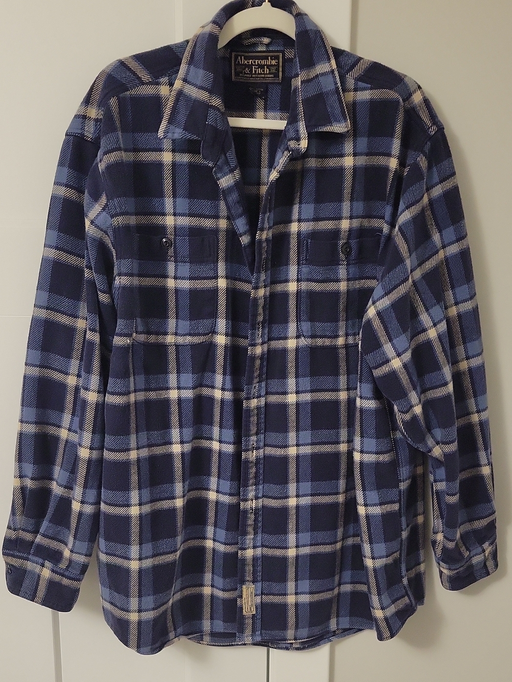 Abercrombie & Fitch Navy and Light Blue Plaid Button-Down Flannel Shirt